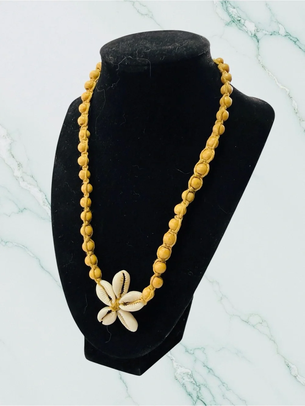 Cowrie Seashell Brown Wood Bead Necklace 18” Star Macrame Beach Boho Caribbean